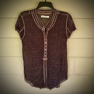 Free People washed black semi-sheer short-sleeved Henley t-shirt